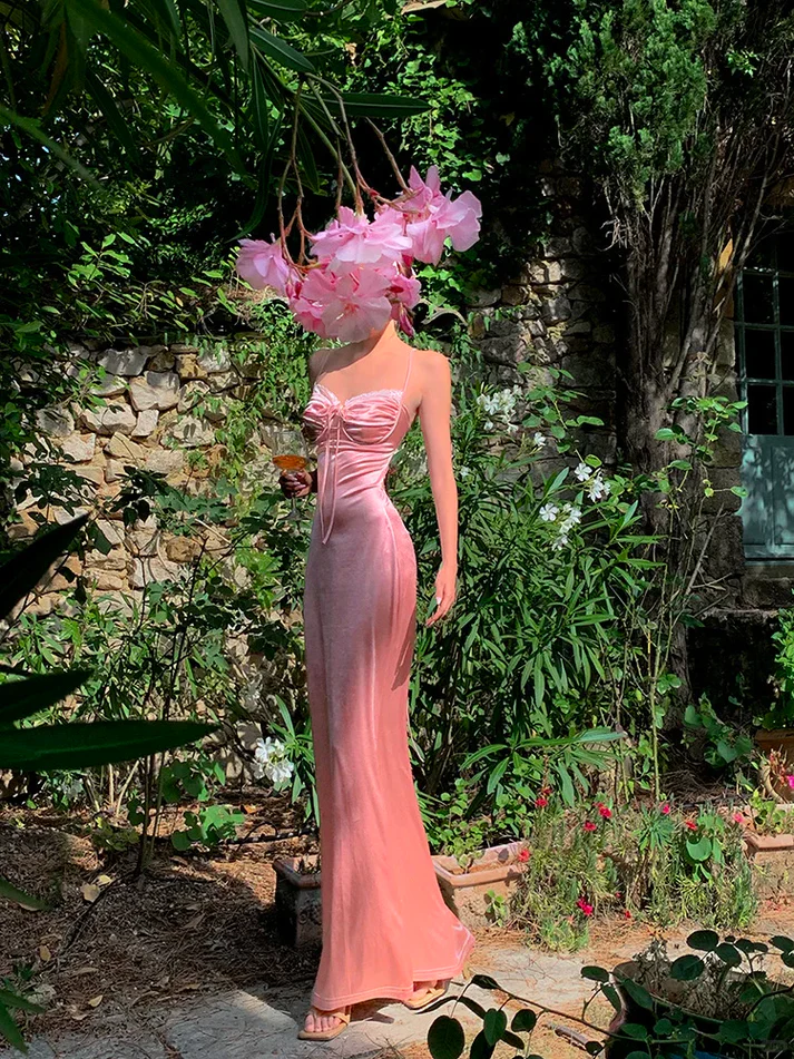Peaches Pink Sheath Spaghetti Strap Satin Long Prom Dress Evening Dress