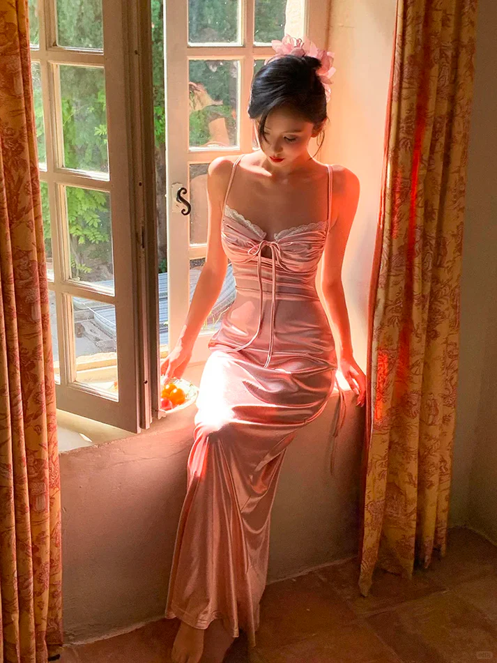 Peaches Pink Sheath Spaghetti Strap Satin Long Prom Dress Evening Dress