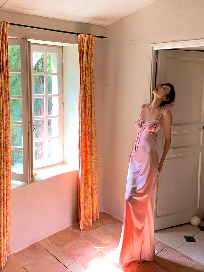 Peaches Pink Sheath Spaghetti Strap Satin Long Prom Dress Evening Dress