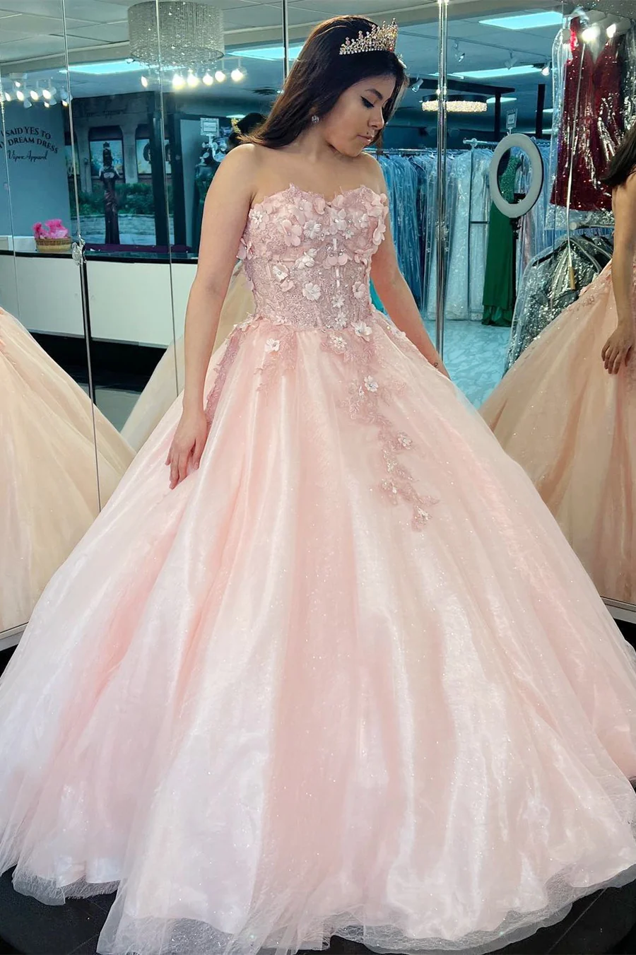 Pink 3D Floral Lace Strapless Ball Gown