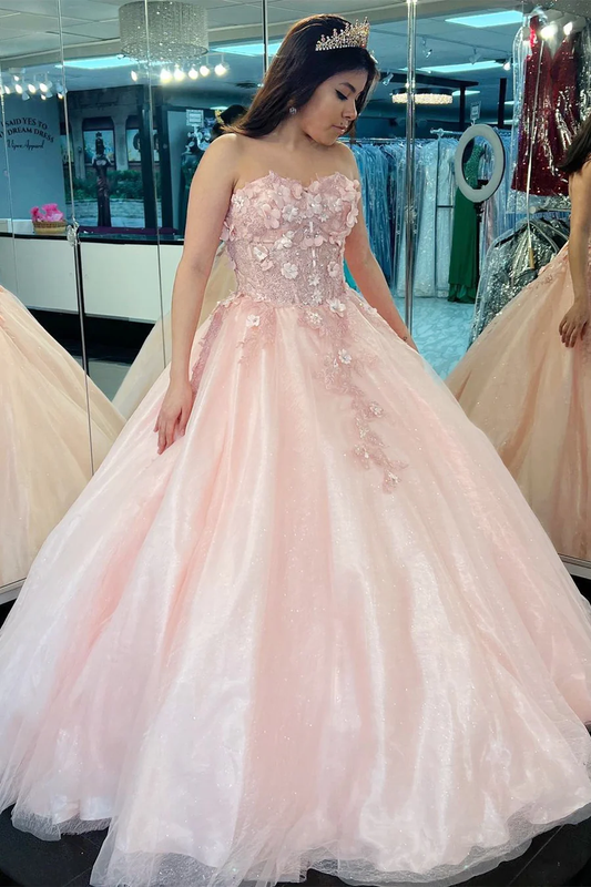 Pink 3D Floral Lace Strapless Ball Gown