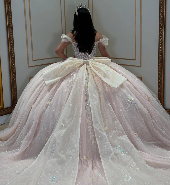 Pink Ball Gown Tulle Appliqued Beaded Off Shoulder Quinceanera Dresses