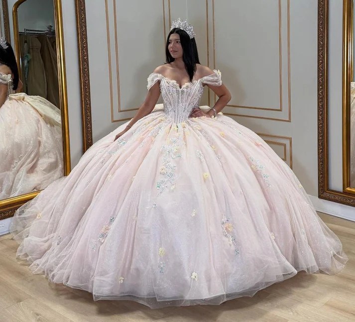 Pink Ball Gown Tulle Appliqued Beaded Off Shoulder Quinceanera Dresses