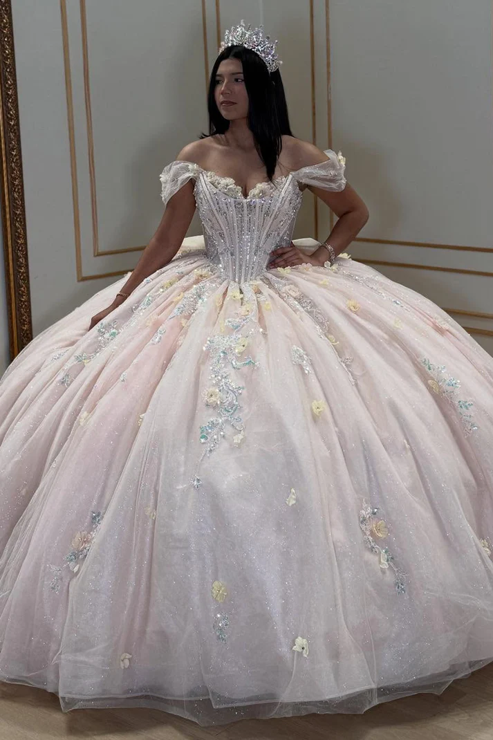 Pink Ball Gown Tulle Appliqued Beaded Off Shoulder Quinceanera Dresses