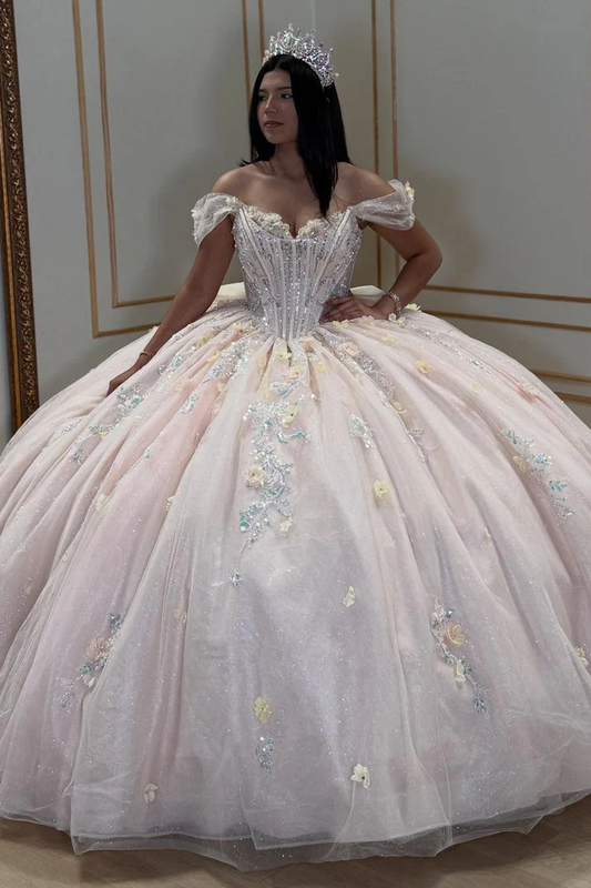 Pink Ball Gown Tulle Appliqued Beaded Off Shoulder Quinceanera Dresses