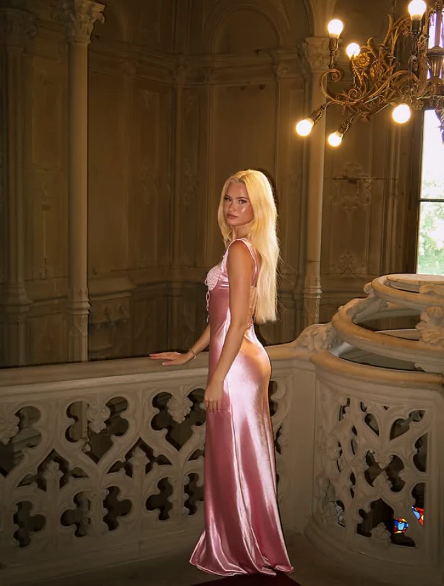 Pink Elegant A Line Spaghetti Strap Lace Satin Long Prom Dress 18th Birthday Dress