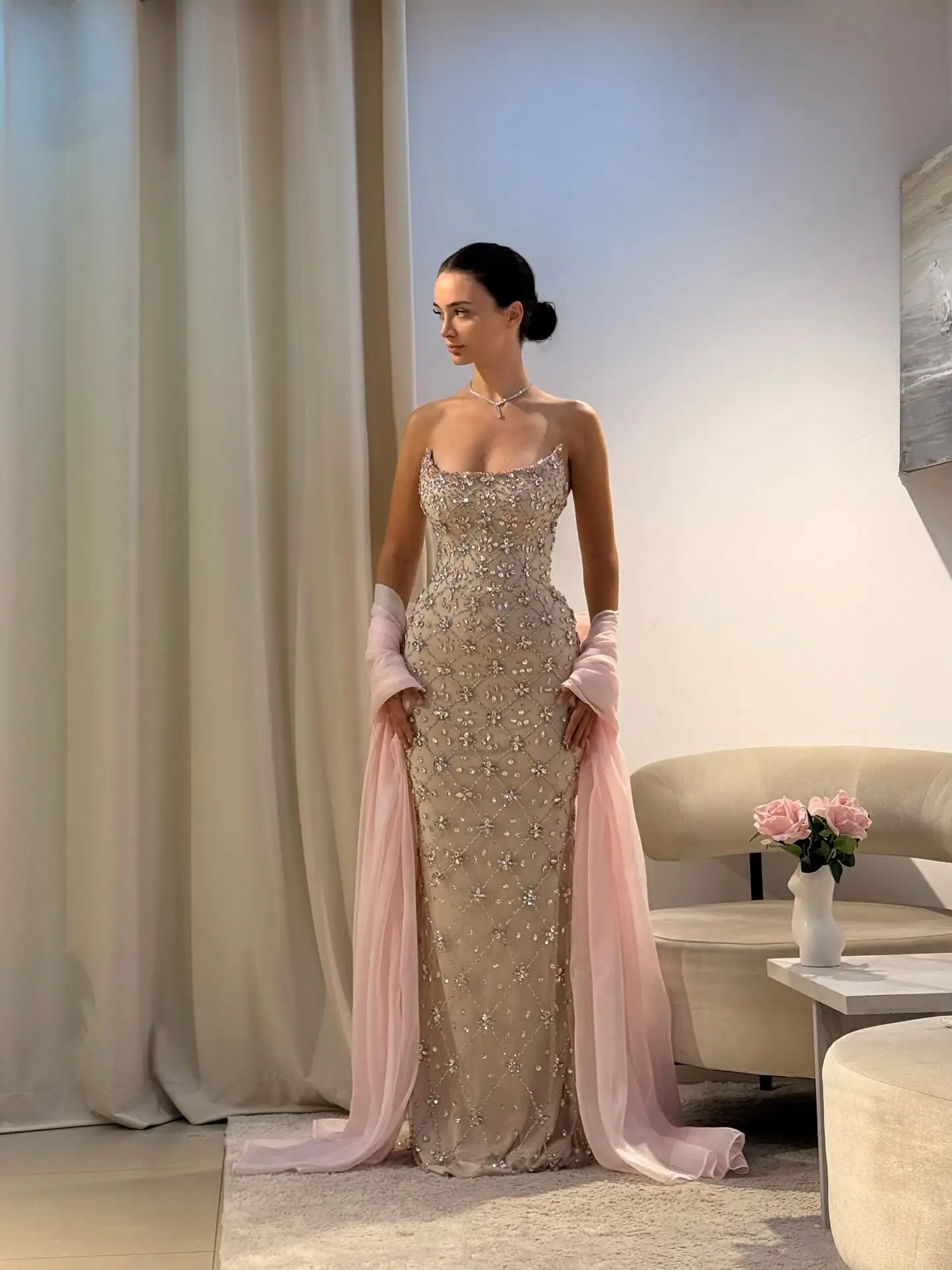 Pink Mermaid Prom Dress Shawl Cape Crystal Beaded Strapless Women Formal Occasion Party Gowns