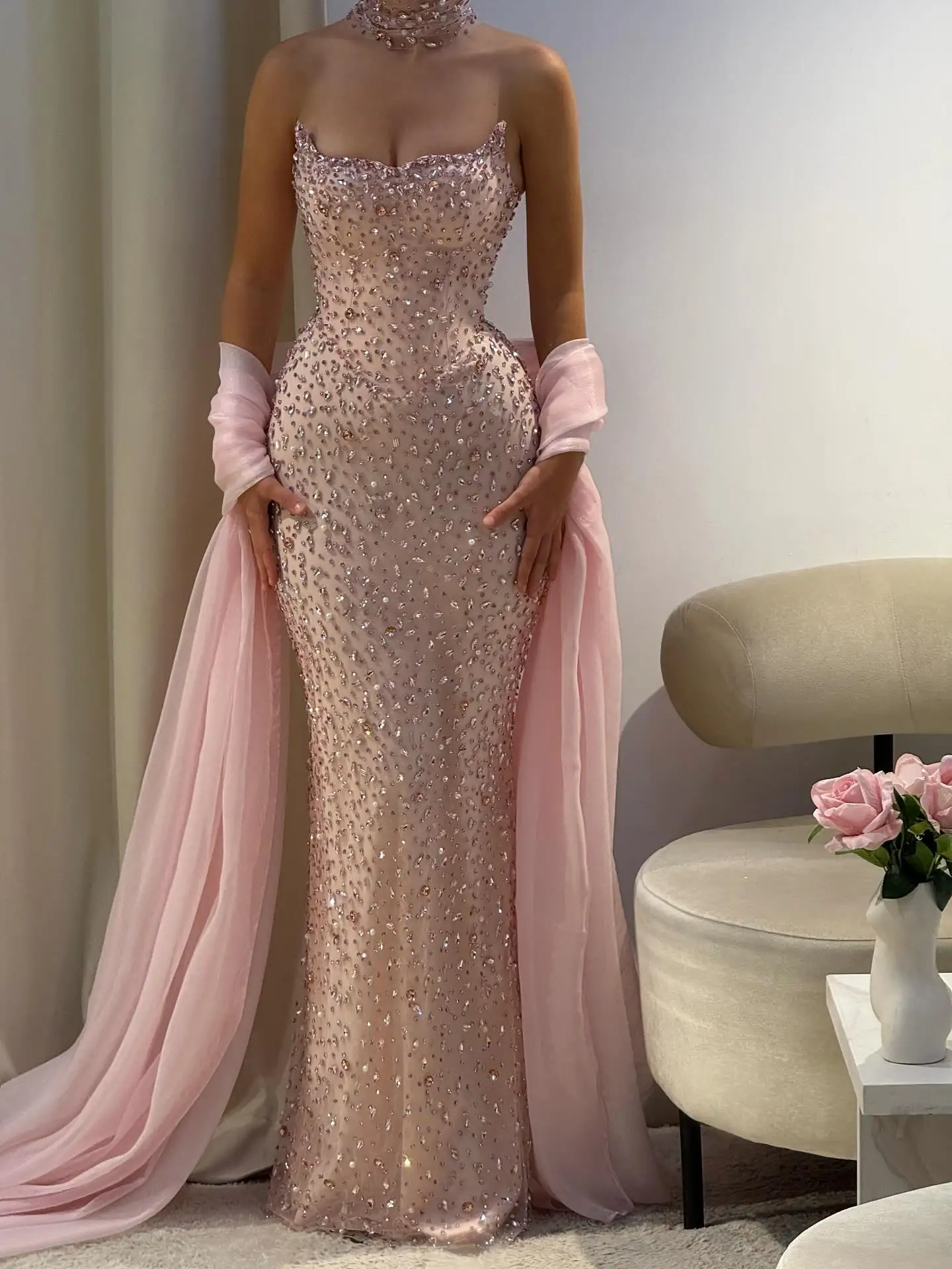 Pink Mermaid Prom Dress Shawl Cape Crystal Beaded Strapless Women Formal Occasion Party Gowns
