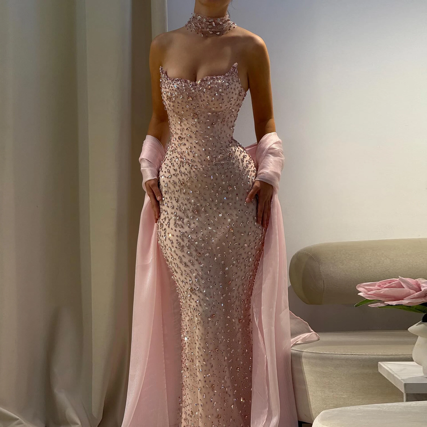 Pink Mermaid Prom Dress Shawl Cape Crystal Beaded Strapless Women Formal Occasion Party Gowns