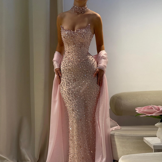 Pink Mermaid Prom Dress Shawl Cape Crystal Beaded Strapless Women Formal Occasion Party Gowns
