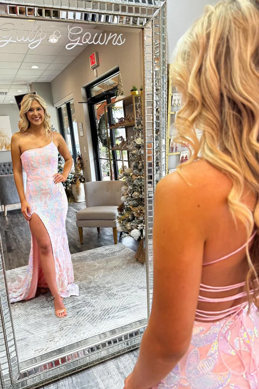 Pink One Shoulder Sequin Lace Mermaid Long Prom Dresses with Slit