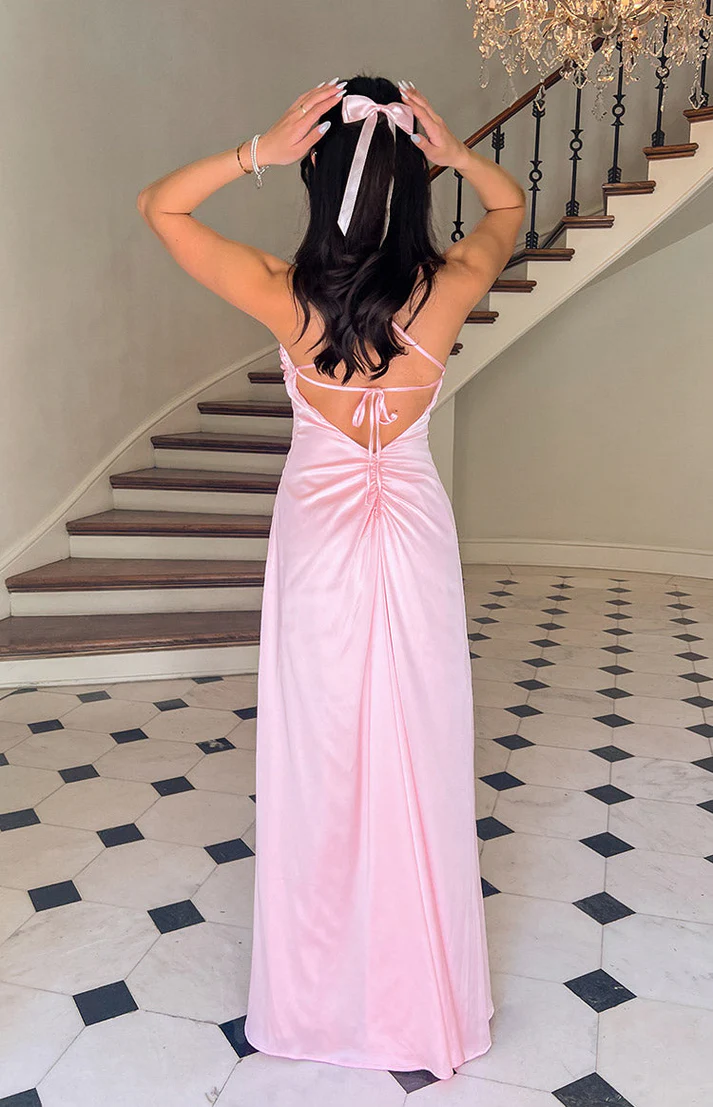 Pink Satin Maxi Prom Dress