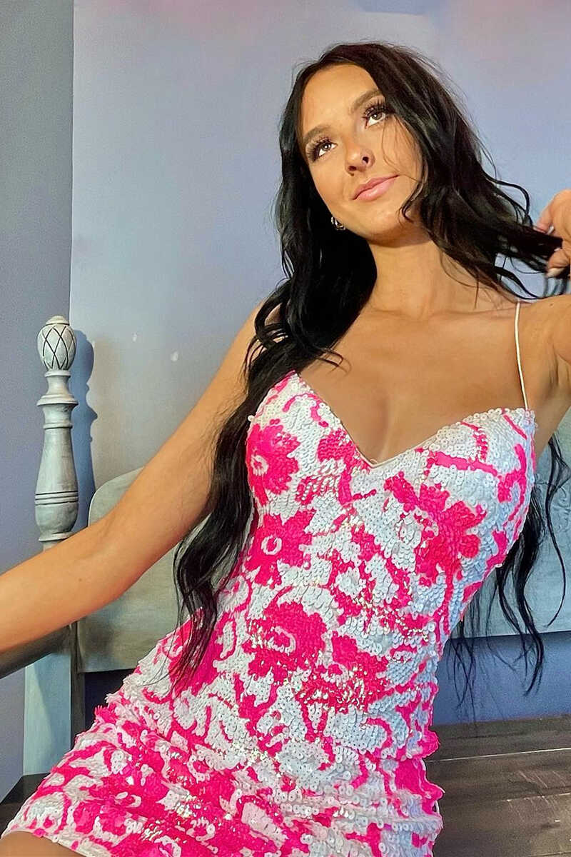 Pink V Neck Sequins Bodycon Short Homecoming Dresses Mini Cocktail Dress