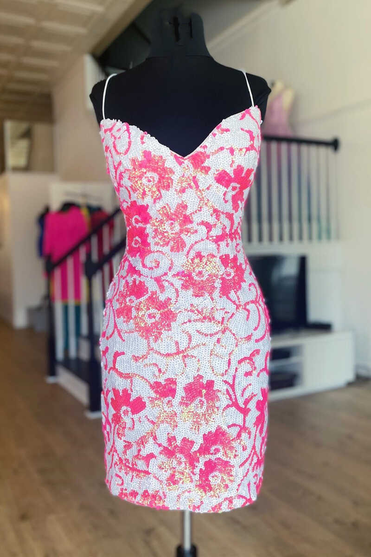 Pink V Neck Sequins Bodycon Short Homecoming Dresses Mini Cocktail Dress