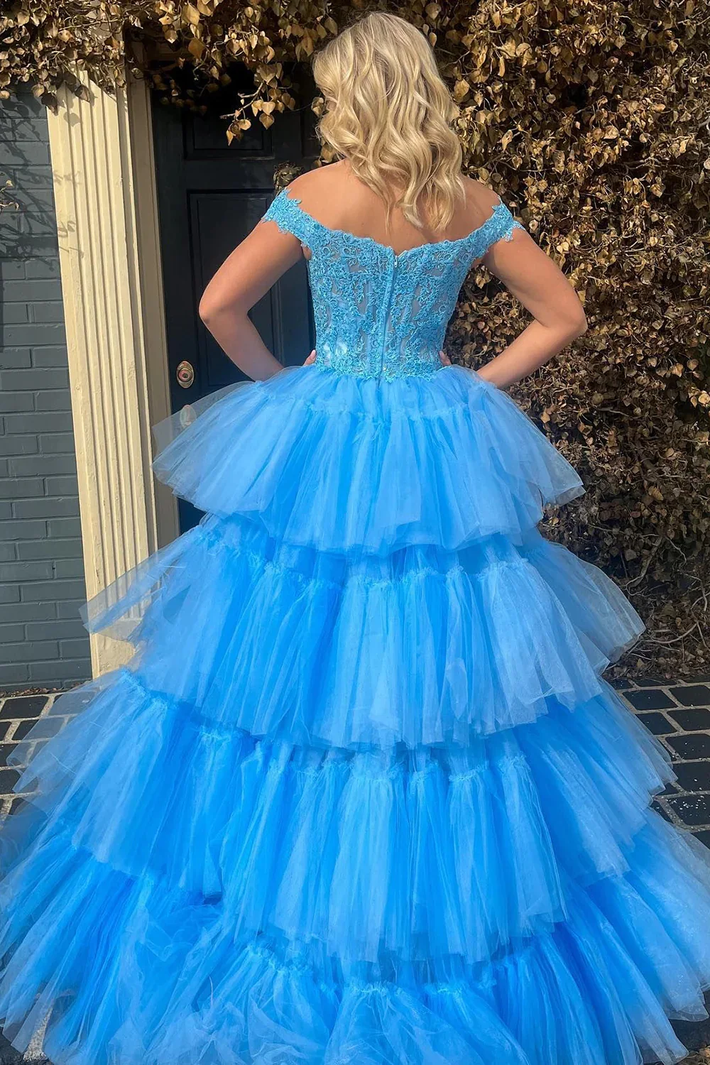 Pretty Blue High Low Ruffle Tulle Homecoming Dress with Lace
