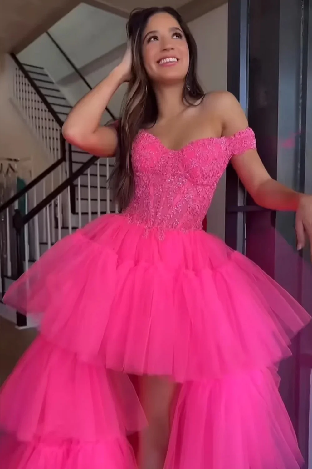 Pretty Blue High Low Ruffle Tulle Homecoming Dress with Lace