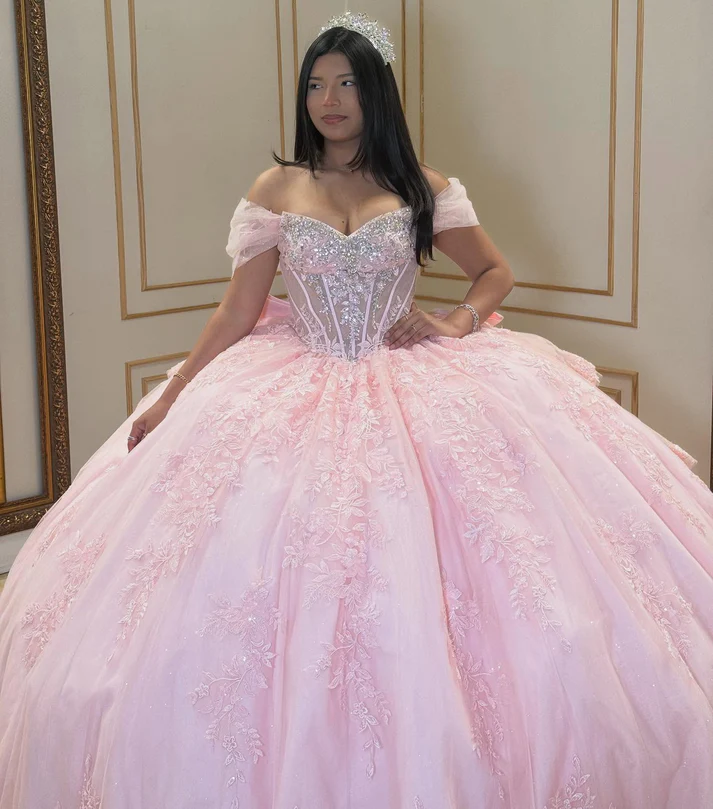 Princess Ball Gown Lace Appliqued Sweet 16 Pink Quinceanera Dresses for Birthday