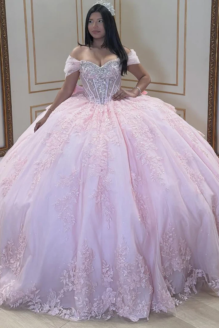 Princess Ball Gown Lace Appliqued Sweet 16 Pink Quinceanera Dresses for Birthday