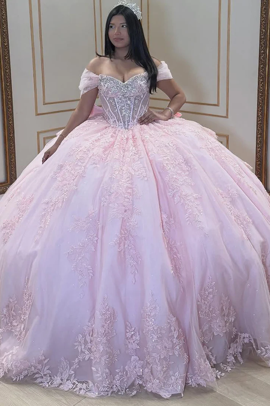 Princess Ball Gown Lace Appliqued Sweet 16 Pink Quinceanera Dresses for Birthday