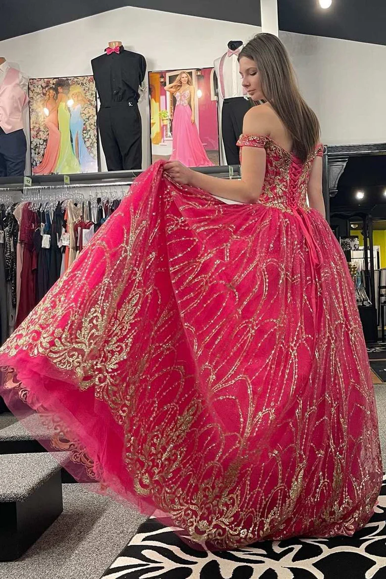 Princess Off-the-Shoulder Red Sequin Lace Ball Gown