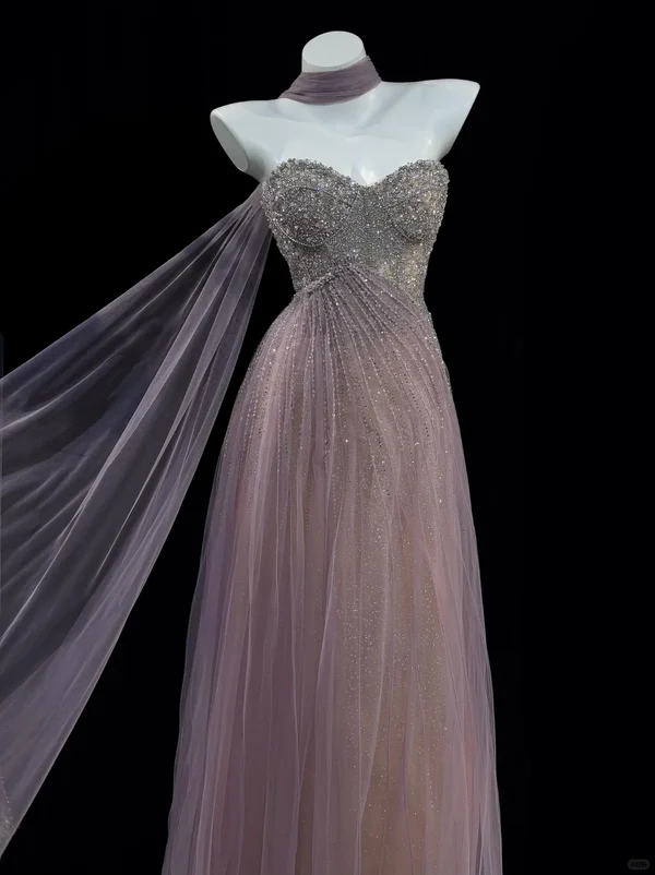 Purple A Line Sweetheart Neck Exquisite Beaded Tulle Long Prom Dress