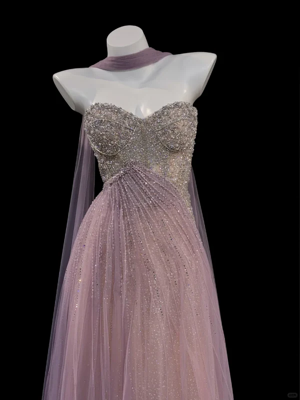 Purple A Line Sweetheart Neck Exquisite Beaded Tulle Long Prom Dress