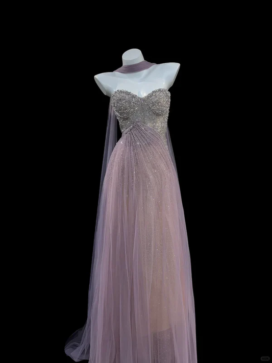 Purple A Line Sweetheart Neck Exquisite Beaded Tulle Long Prom Dress