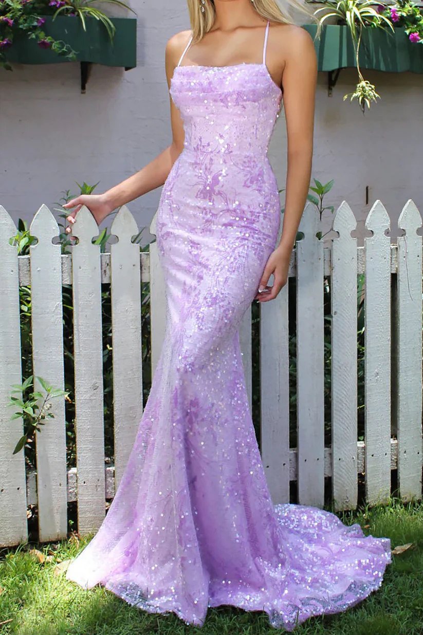 Purple Sequin Mermaid Long Prom Dress with Lace Appliques