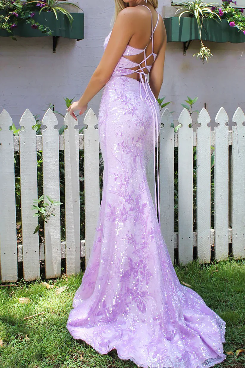 Purple Sequin Mermaid Long Prom Dress with Lace Appliques