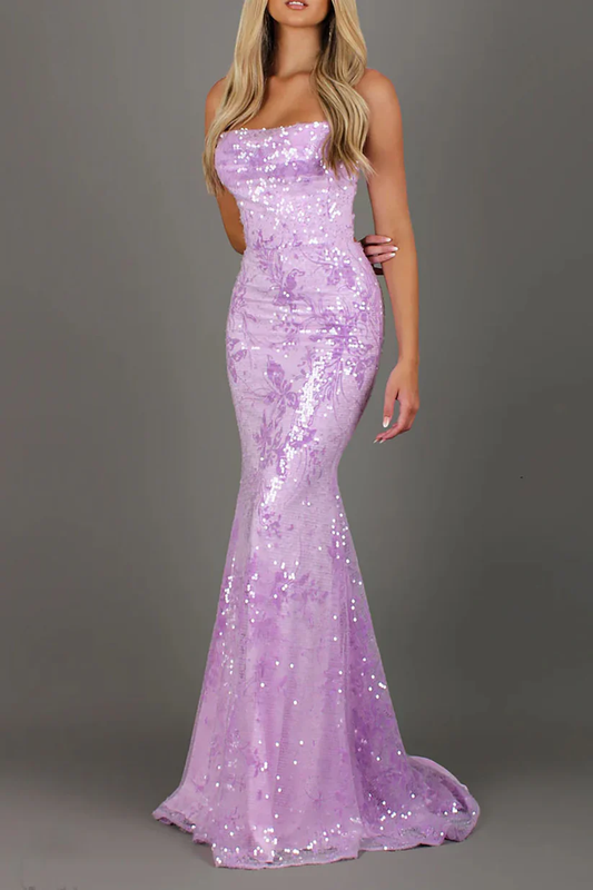 Purple Sequin Mermaid Long Prom Dress with Lace Appliques