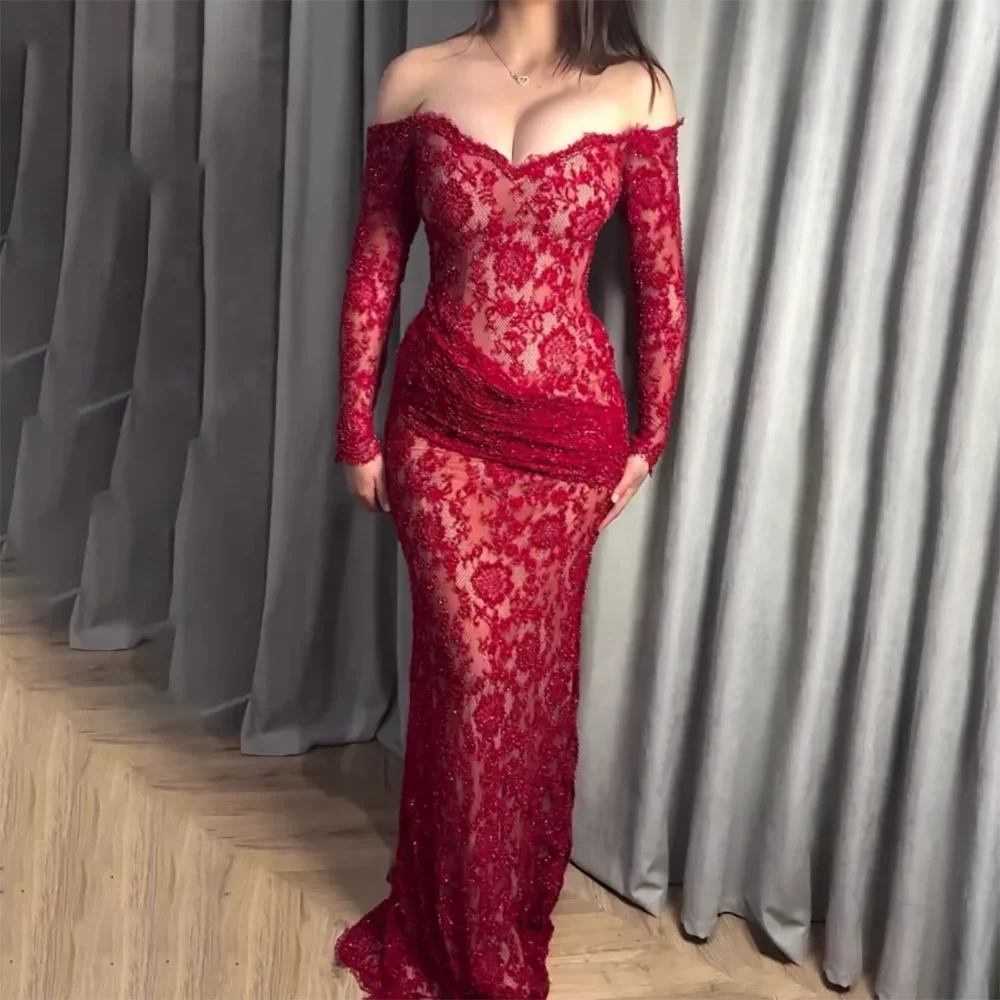 Red Mermaid Evening Dress for Women Sweetheart Neck Long Sleeves Lace Pleated Evening Gowns Floor Length Party Dress Customized
