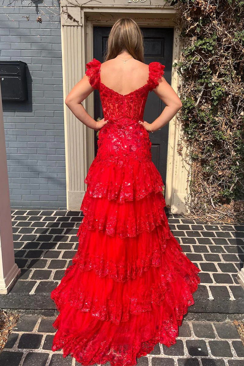 Red Sweetheart Tiered Sequin Tulle Mermaid Long Prom Dresses