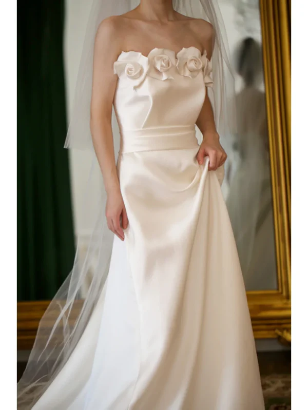 Romantic Camellia A Line Strapless White Satin Wedding Dress