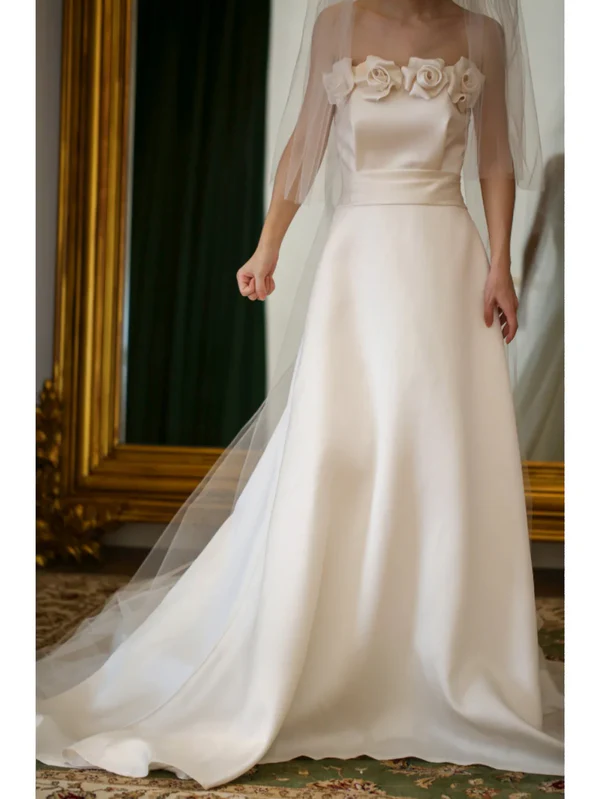 Romantic Camellia A Line Strapless White Satin Wedding Dress