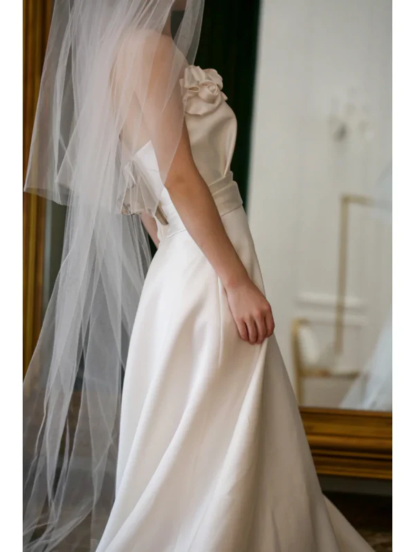 Romantic Camellia A Line Strapless White Satin Wedding Dress