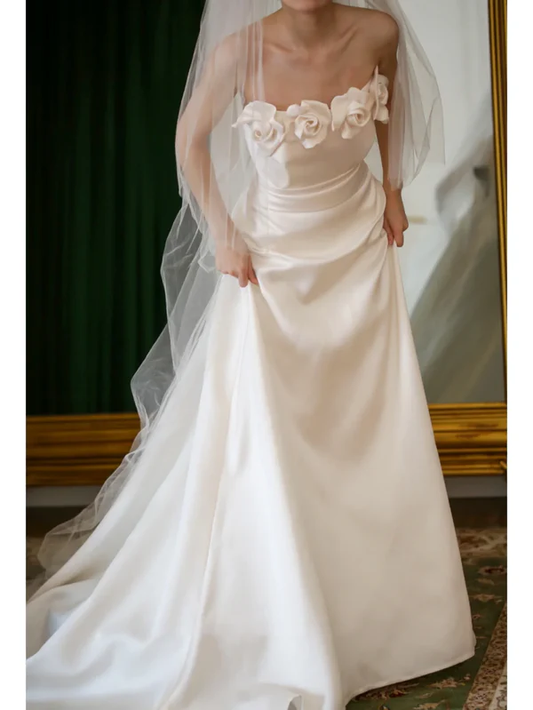 Romantic Camellia A Line Strapless White Satin Wedding Dress