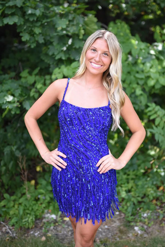 Royal Blue Sequins Scoop Neck Tight Short Homecoming Dress