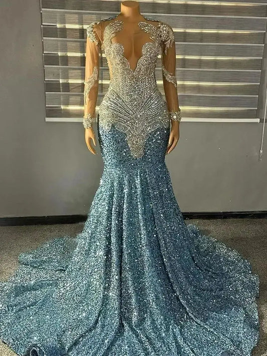 Sparkly Long Prom Dresses Luxury Sparkly Beaded Diamond Sexy Mermaid Sheer Top Black Girl Sky Blue Sequin Prom Gala Gowns