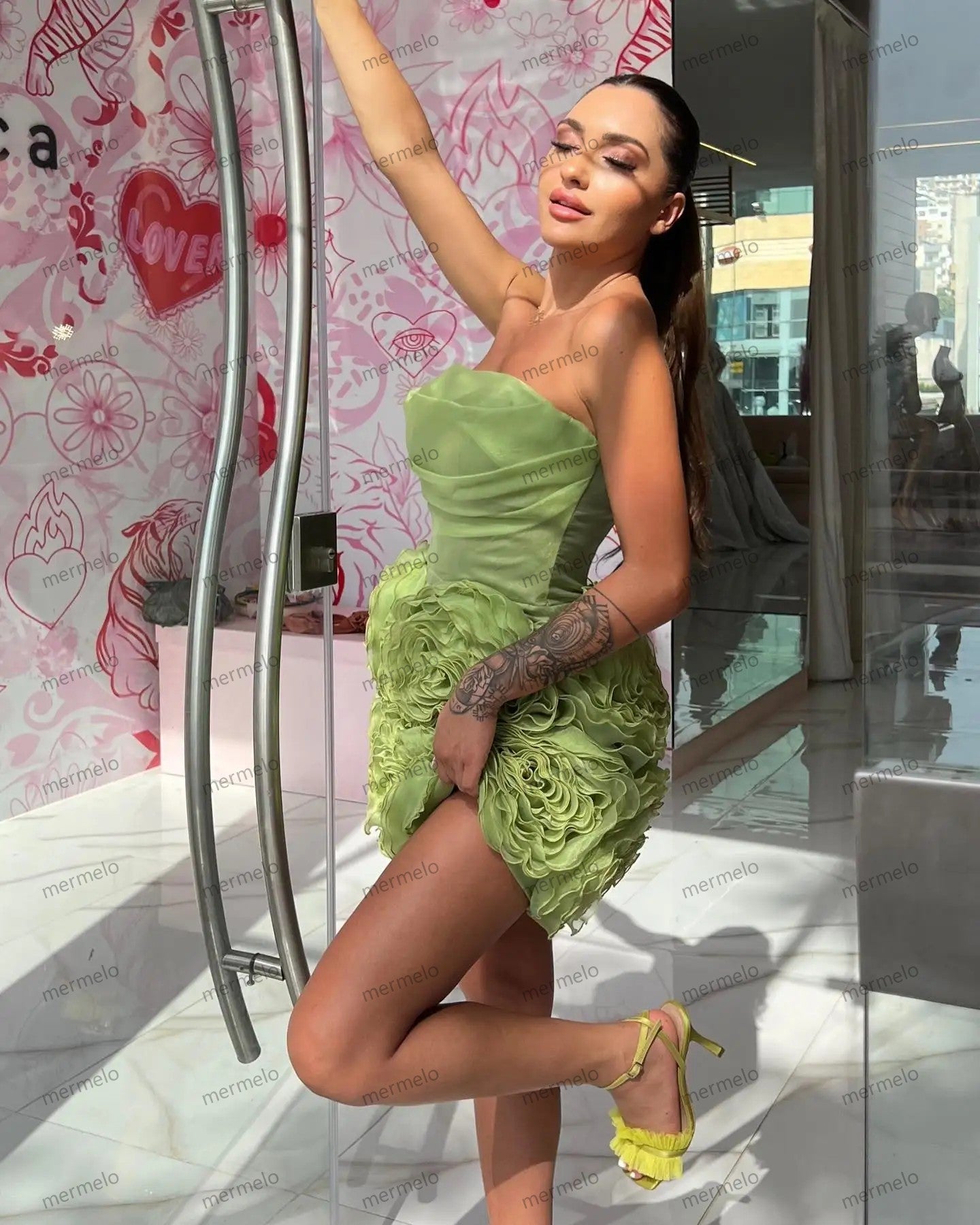 Grass Green Bloom Women Short Dresses To Birthday Wedding Party Pretty Flower Mini Propose Party Dress