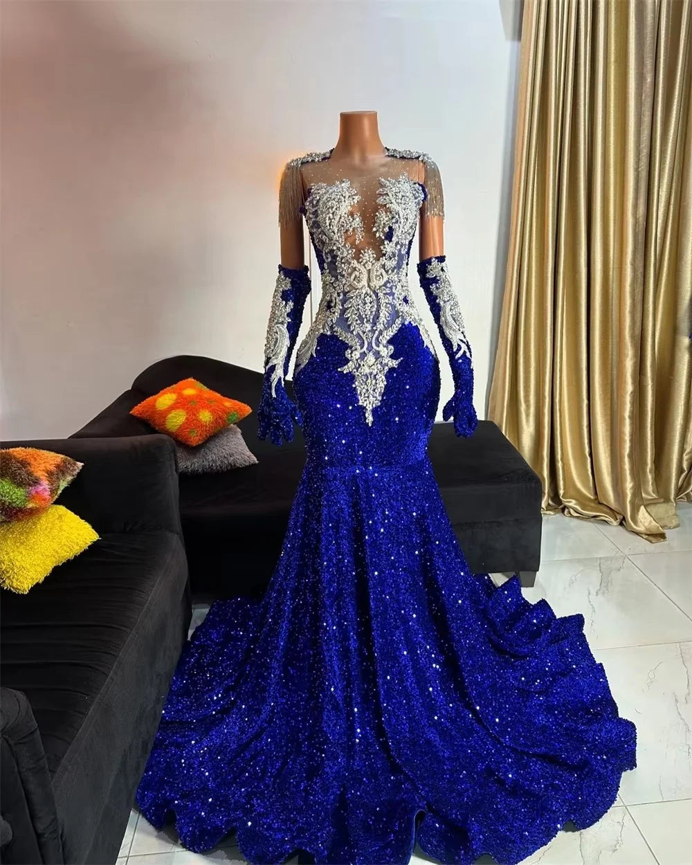 Luxury Royal Blue Sequin Mermaid Prom Dresses Crystal Beading Tassles With Gloves Mermaid African For Black Girl