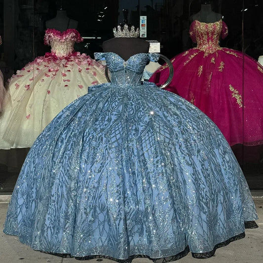 Quinceanera Dress Off The Shoulder Crystal Beads Corset Ball Gown Sweet 16 Dress Vestidos De XV Anos