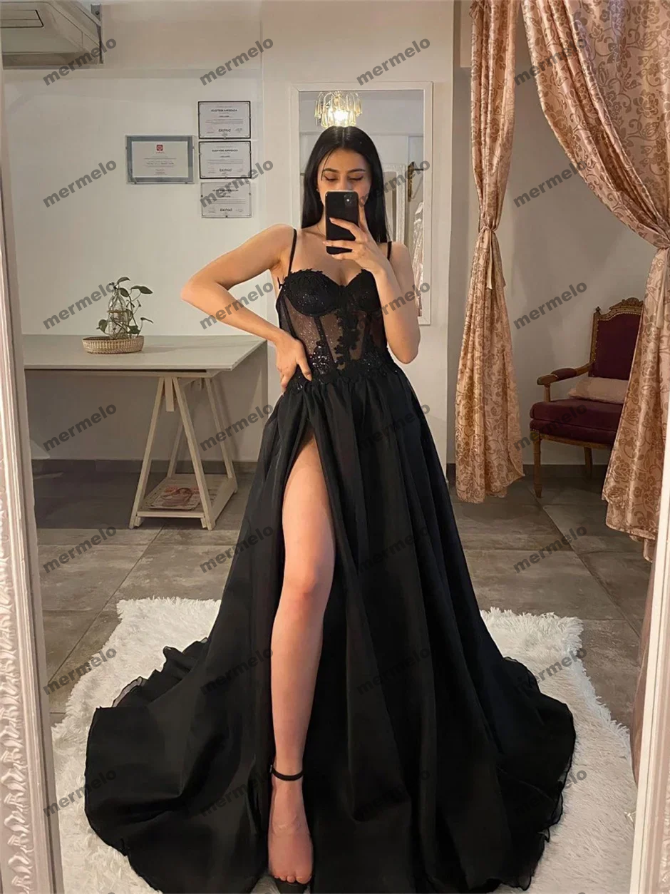 Tulle Evening Dress Sexy Black V-Neck StrapLlace Applique Party Dress A-line High Side Slit Formal Occasion Prom Gown