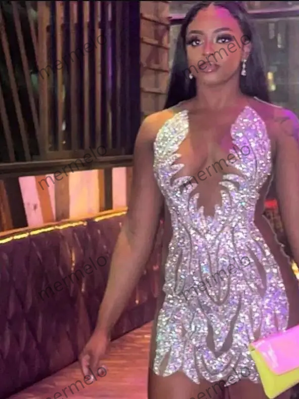 Gillter Sparkly Sheer Mesh Black Girl Evening Cocktail Gown silver beaded crystal