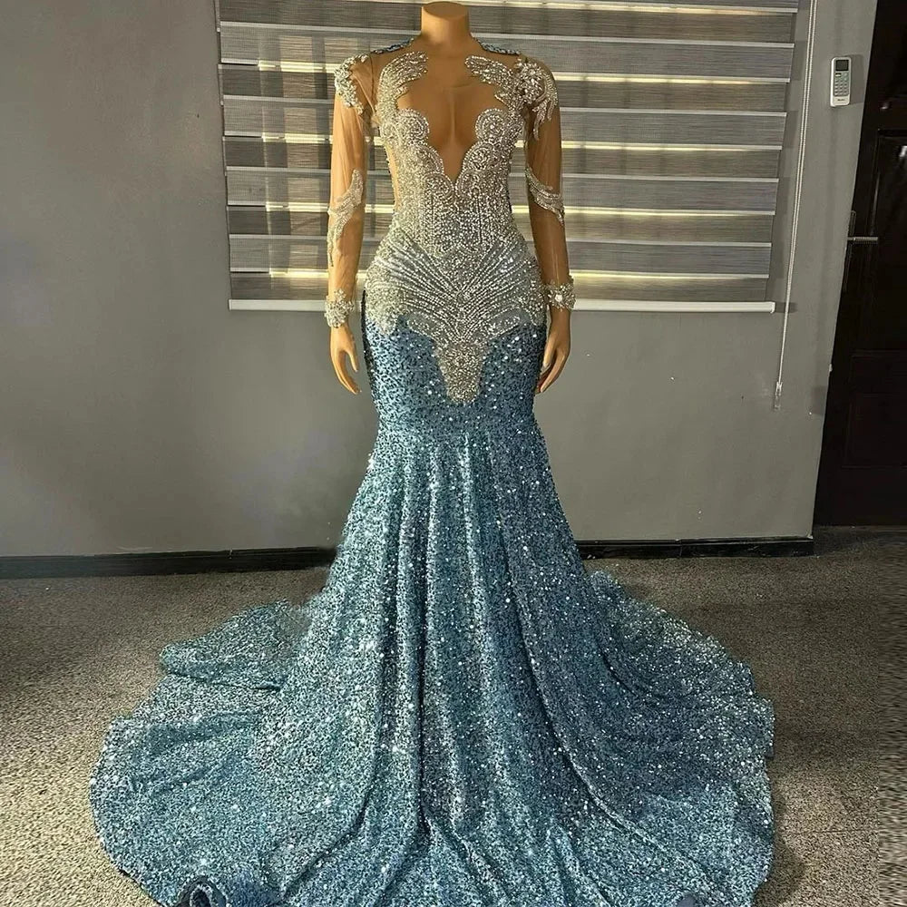 Sparkly Long Prom Dresses Luxury Sparkly Beaded Diamond Sexy Mermaid Sheer Top Black Girl Sky Blue Sequin Prom Gala Gowns