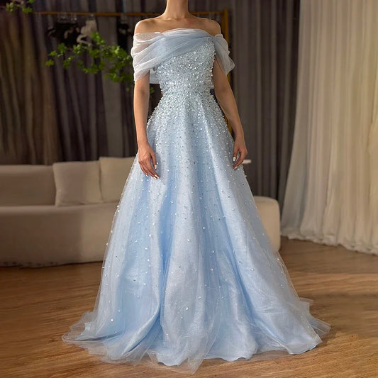 Arabic Blue Off The Shoulder Beaded Elegant A-Line Long Evening Dresses Gowns for Formal Occasion