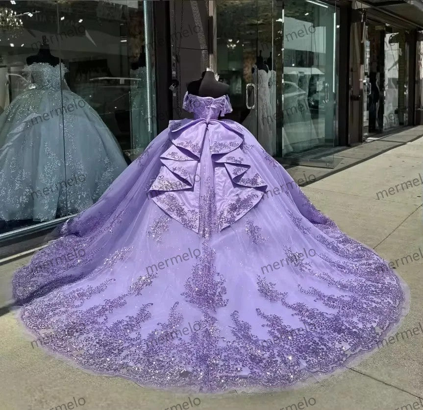 Lilac Purple Sparkling Princess Quinceanera Dresses Elegant Beaded Applique Bow Sweet Train