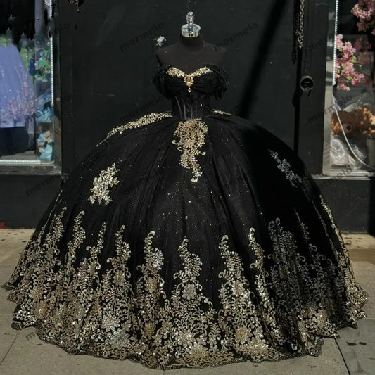 Black Gold Sequined Appliques Prom Party Dress