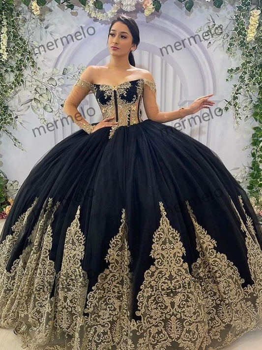 Black And Gold Appliqued Quinceanera Prom Dresses Sweet 16 Dress