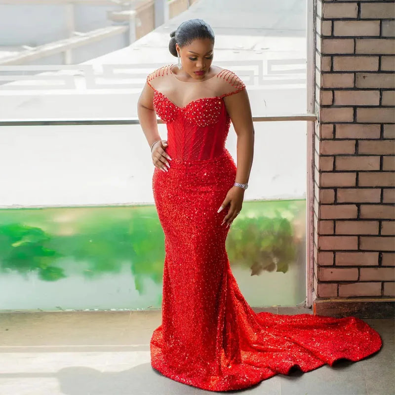 Red Sequin Mermaid Evening Dresses Crystals Aso Ebi Birthday Party Gown for Women Sheer Neck Cap Sleeve Vestidos De Noche