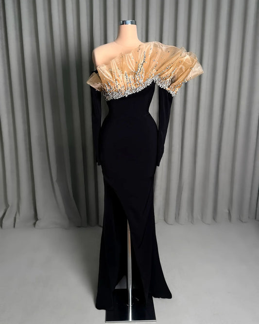 Simple Black Velvet Prom Dresses Mermaid Off Shoulder Elegant Evening Party Dresses Turkish Coutures Cocktail Gowns Customized